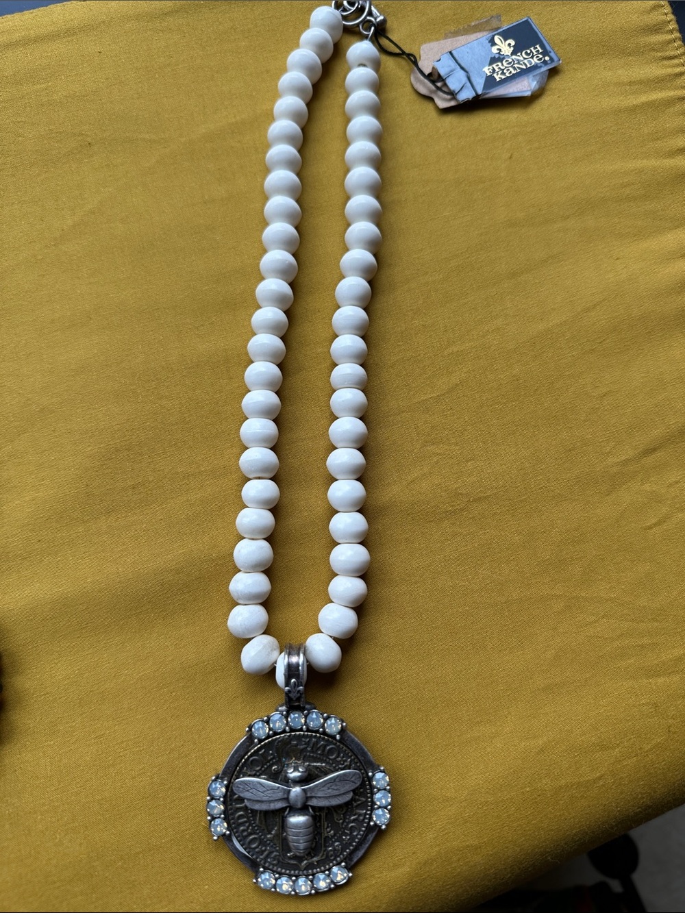 French Kande White Beaded Necklace with Bee Medallion